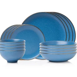 Clearance Godinger Beaumont Blue Stoneware Gold Rim 16 Piece Dinnerware Set, Service for 4