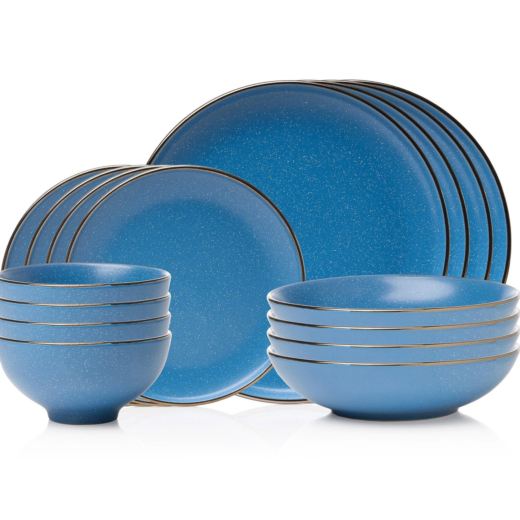 Clearance Godinger Beaumont Blue Stoneware Gold Rim 16 Piece Dinnerware Set, Service for 4