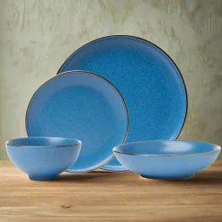 Clearance Godinger Beaumont Blue Stoneware Gold Rim 16 Piece Dinnerware Set, Service for 4