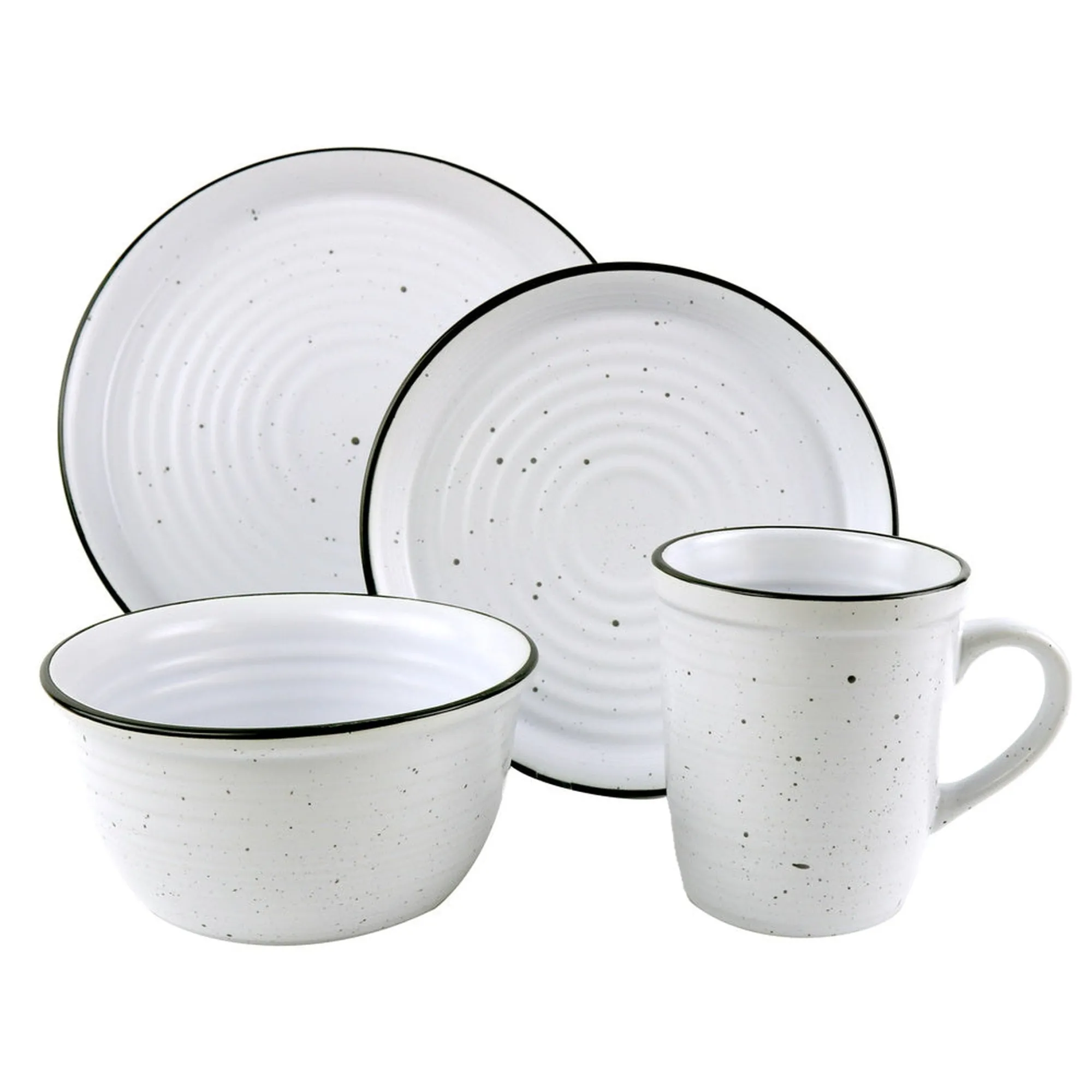 New Godinger Bistro Black Rim Stoneware 16 Piece Dinnerware Set, Service For 4