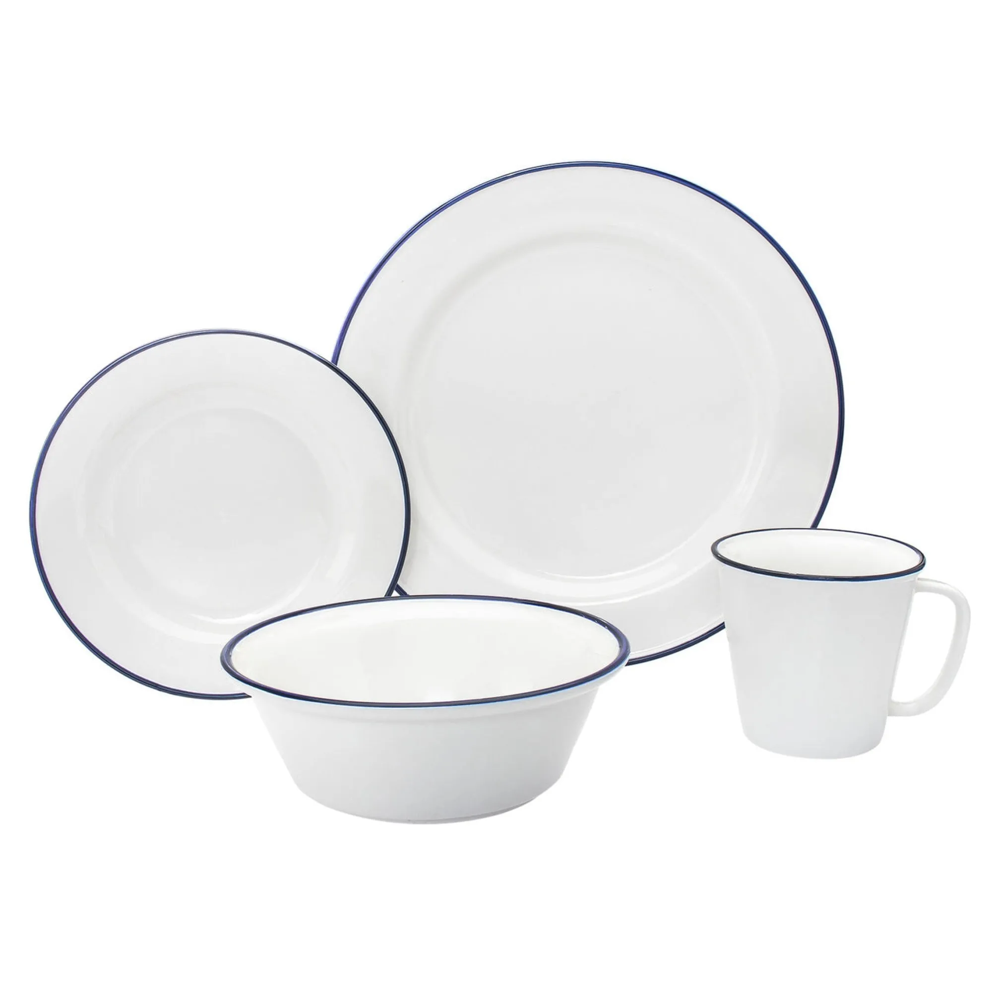 New Godinger Bistro Blue Rim Porcelain 16 Piece Dinnerware Set, Service For 4