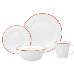 Godinger Bistro Red Rim Porcelain 16 Piece Dinnerware Set, Service For 4