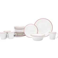 Godinger Bistro Red Rim Porcelain 16 Piece Dinnerware Set, Service For 4