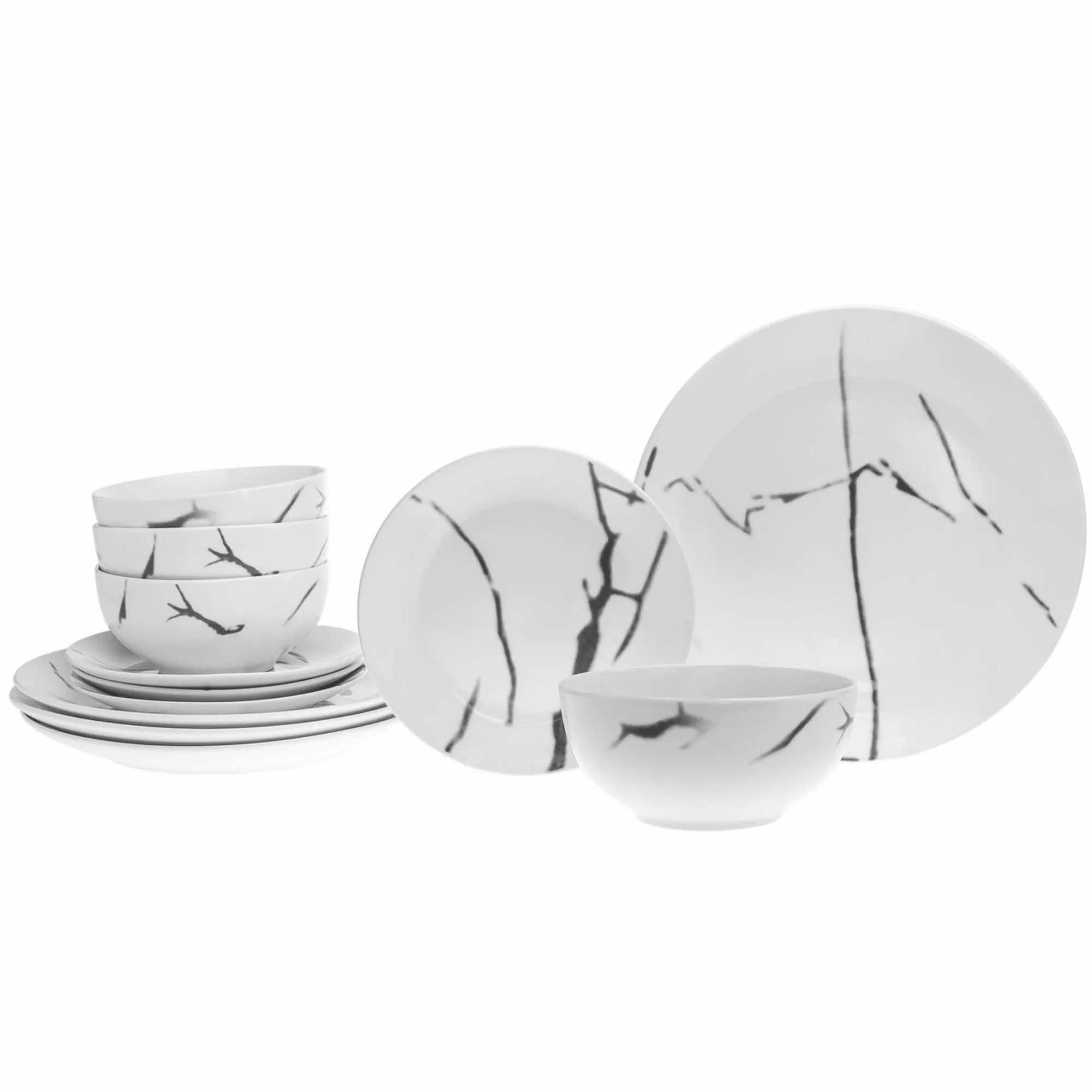 Sale Godinger Boulon Black Porcelain 12 Piece Dinnerware Set, Service For 4