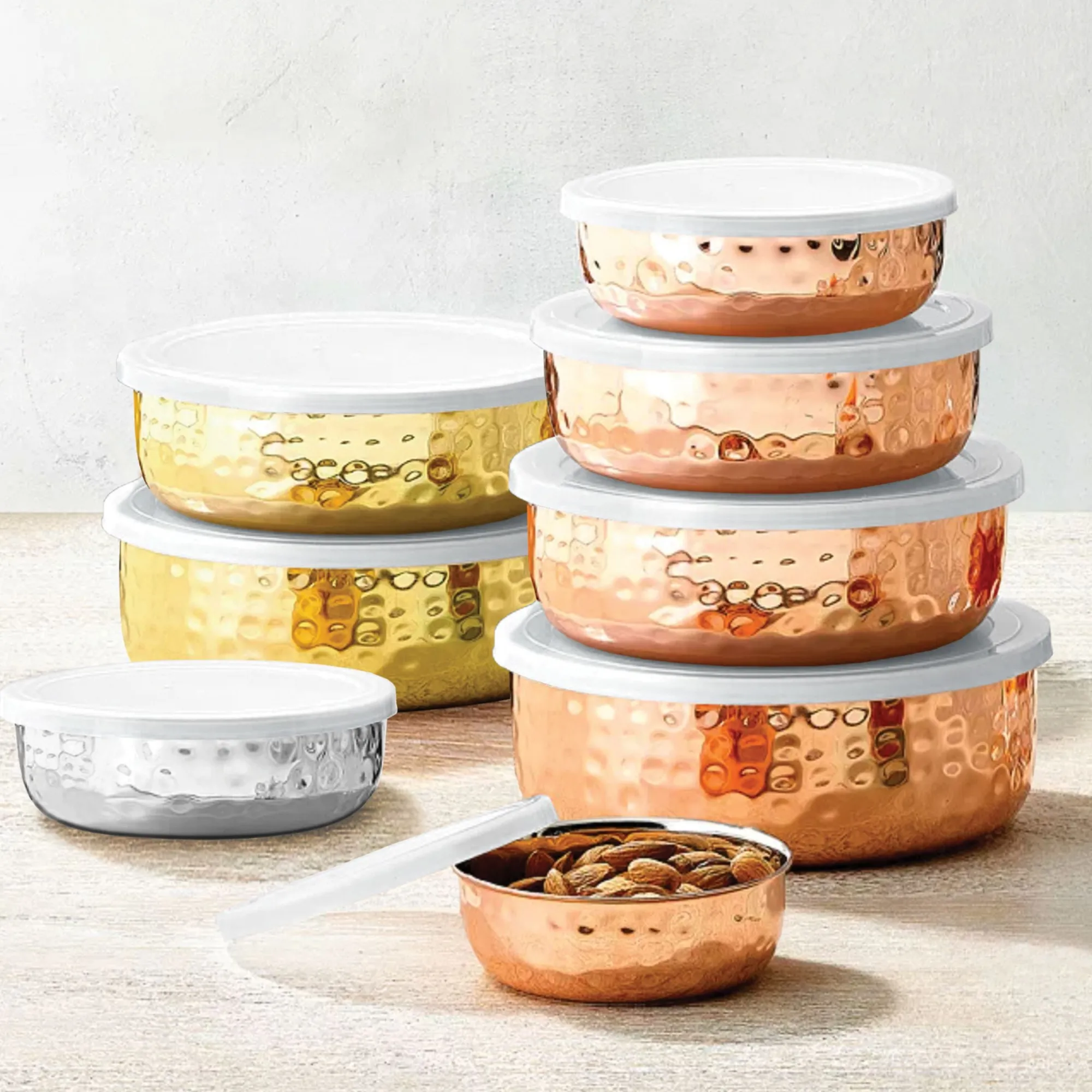 New Godinger Hammered Stainless 5 Piece Storage Bowl Set