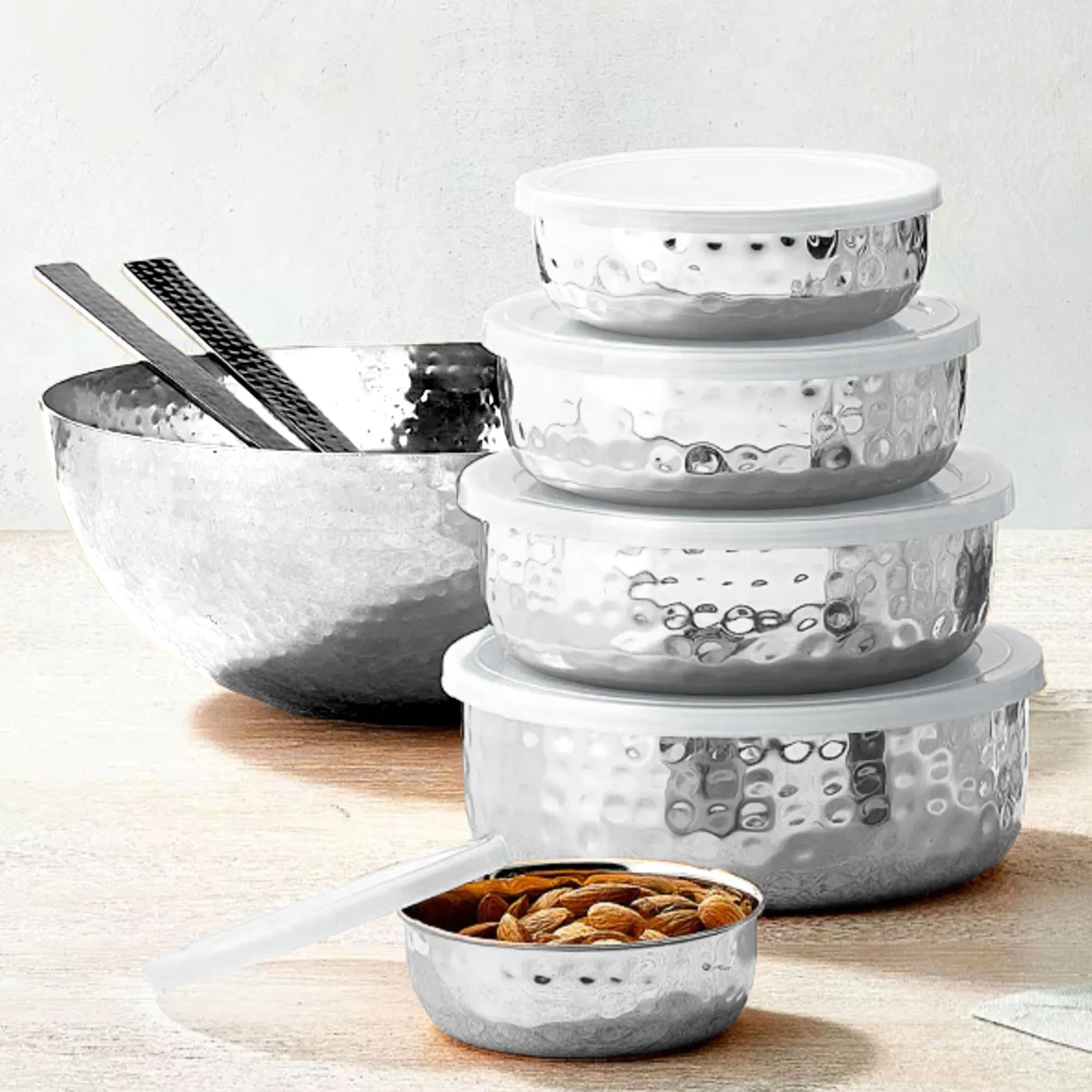New Godinger Hammered Stainless 5 Piece Storage Bowl Set