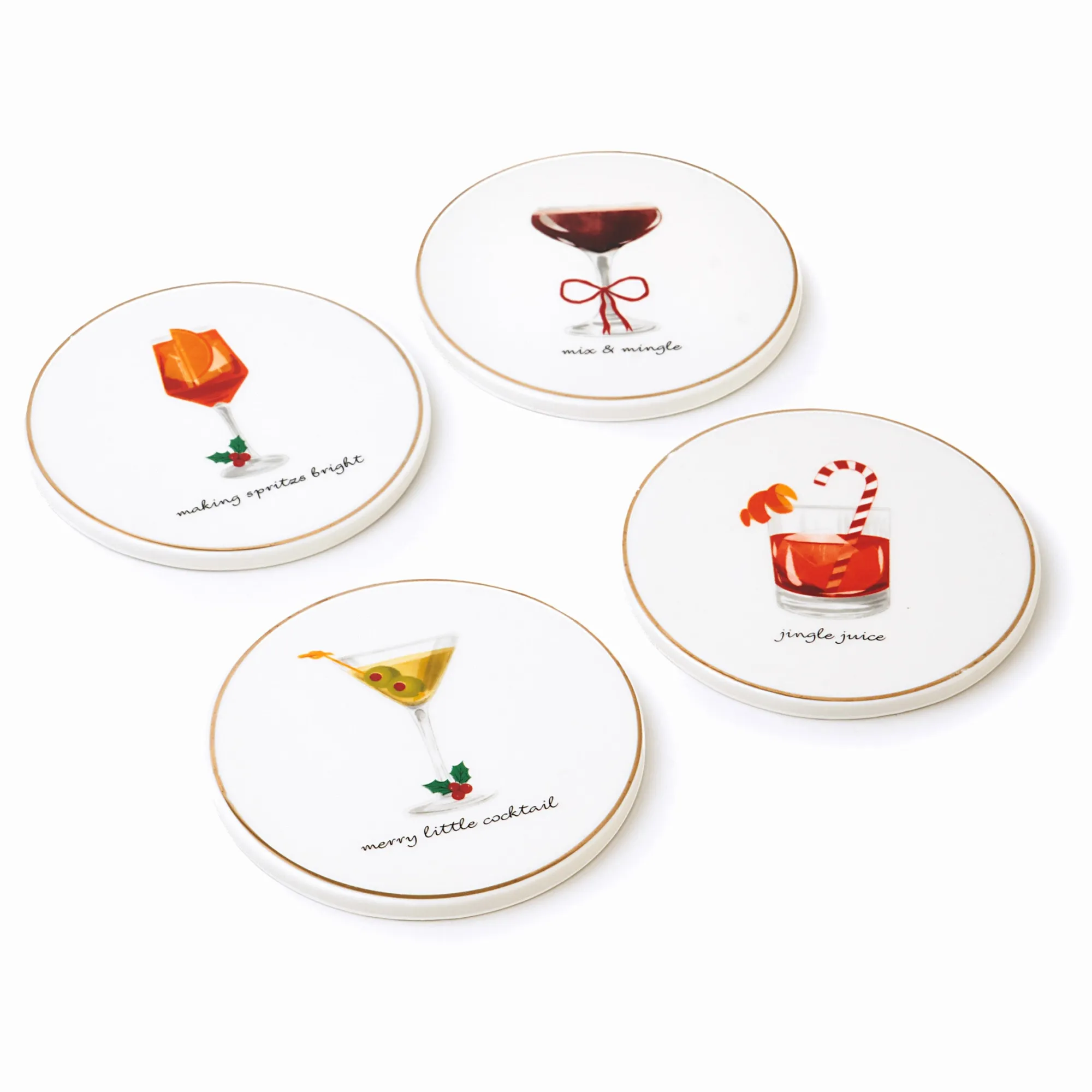 New Godinger Holiday Cheers Gold Rim Coaster Set