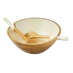 Hot Godinger Huck Wood & Enamel Salad Bowl with Servers