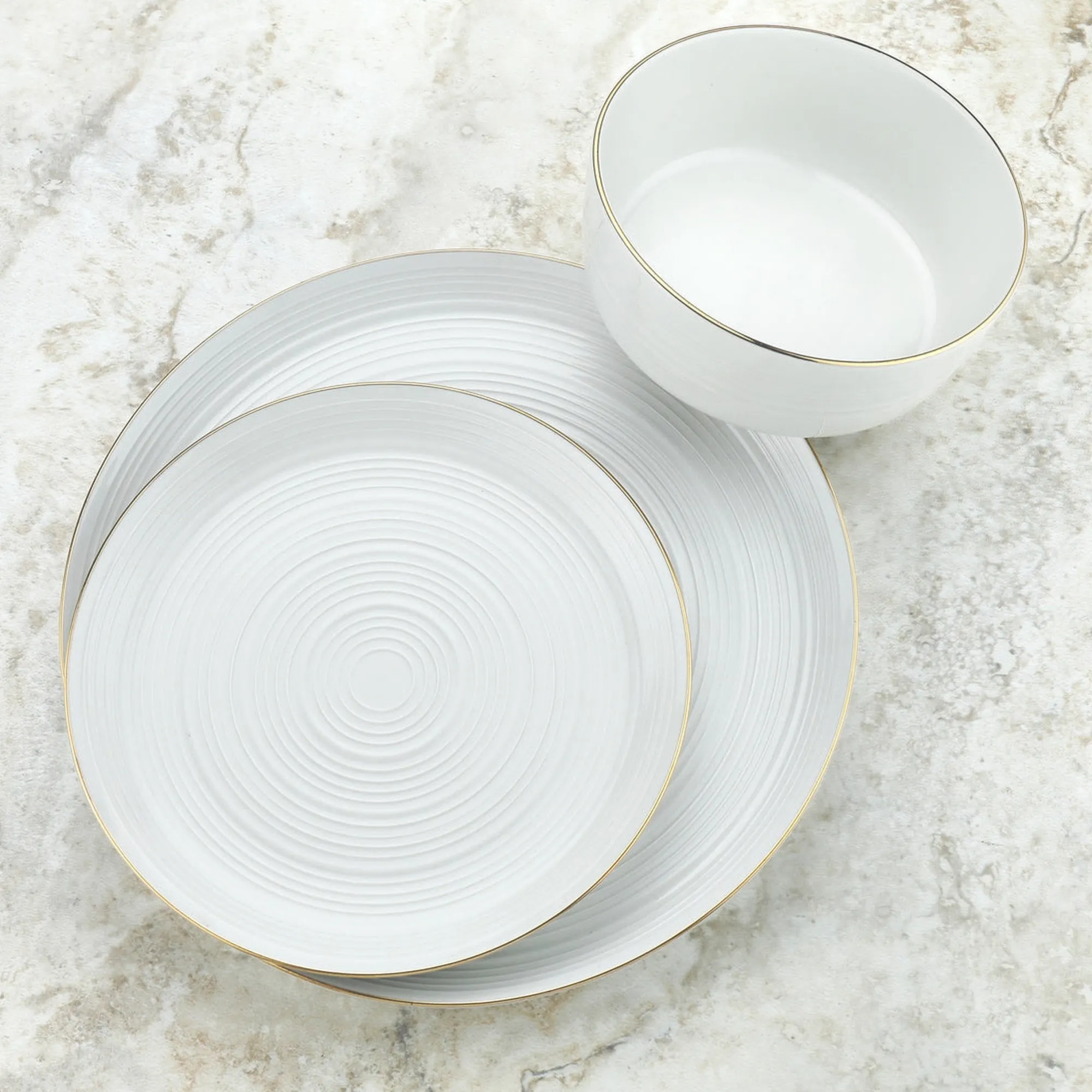 Godinger Linear Porcelain Gold Rim 12 Piece Dinnerware Set, Service For 4