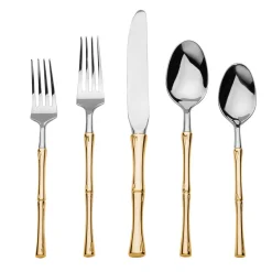 Best Godinger Rattan Mirrored Accented Gold 18/10 Stainless Steel 20 Piece Flatware Set, Service For 4