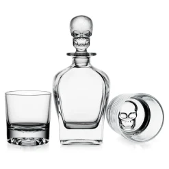 New Godinger Skull 3 Piece Whiskey Decanter Set